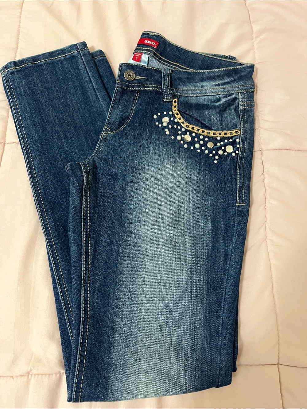 BONGO Blue Skinny Jeans With Jeweled & Gold Chain Accent Y2K Size 5 Juniors